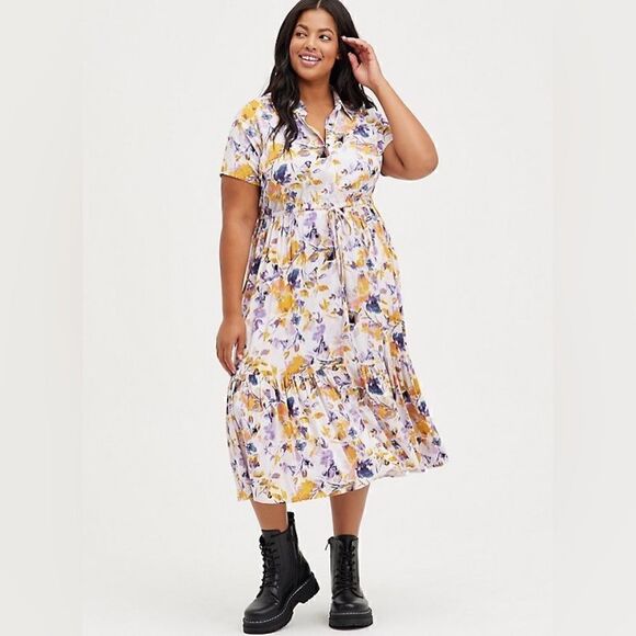 NWT Torrid Midi Dress Floral Tiered Ruffled
Stretch Gold/Purple Size 1 1X 14-16 - Picture 1 of 15